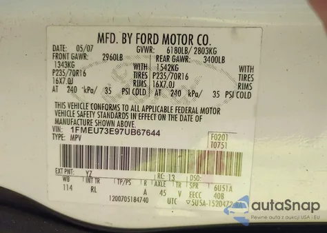 2007 Ford Explorer Xlt из США, поврежденный, VIN 1FMEU73E97UB67644